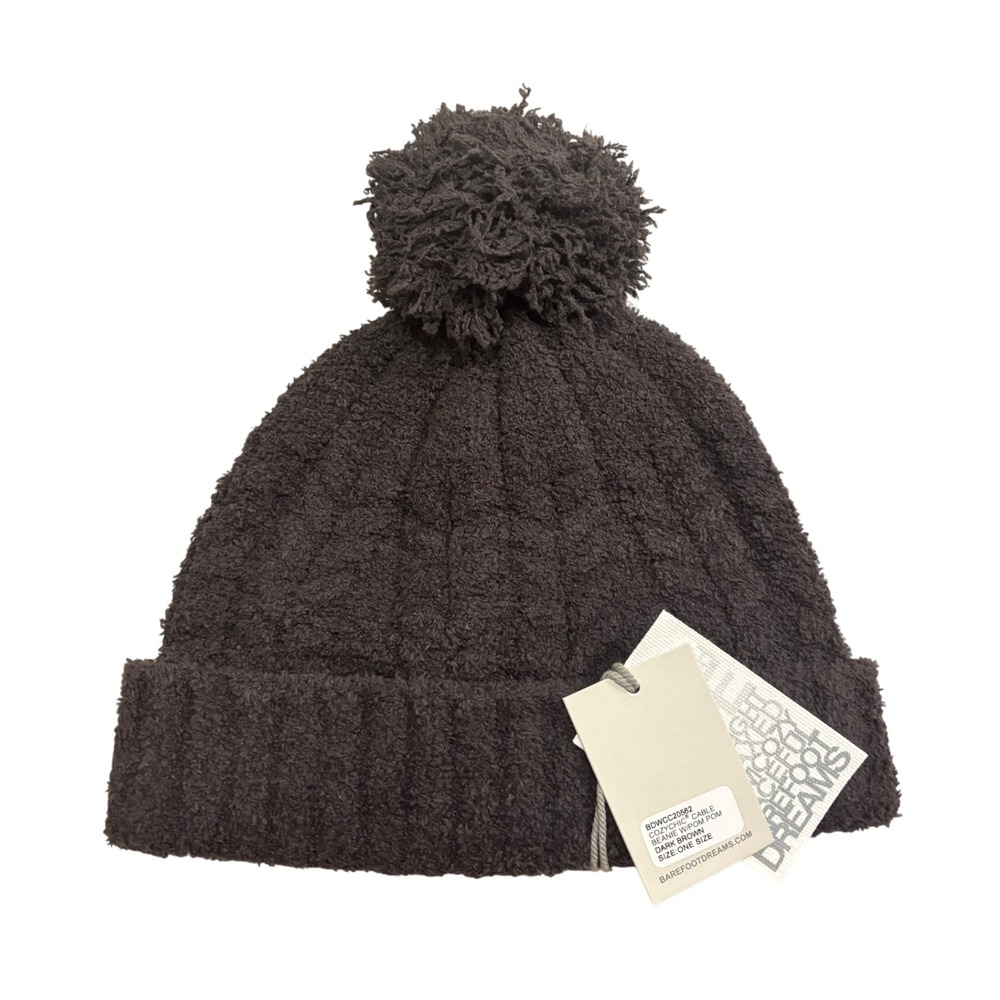 Barefoot‎ Dreams CozyChic Cable Beanie Pom Dark Brown NWT One Size